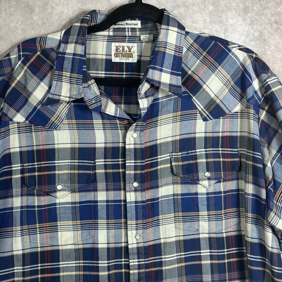 Ely Cattleman Western Shirt Mens XL Blue Plaid Pearl Snap Wrinkle Resistant - Picture 2 of 9